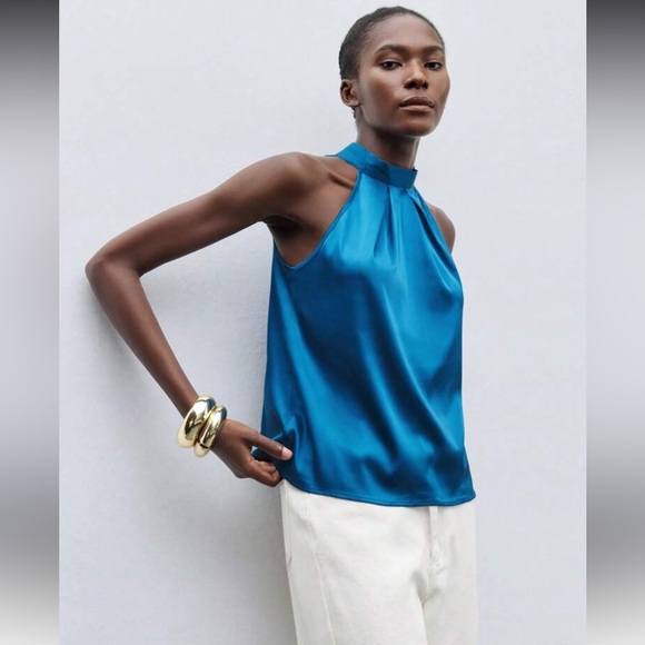 Teal Blue Satin Halter Blouse Top - Picture 14 of 15